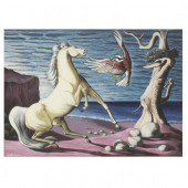 SURREALIST PAINTING OF HORSES,