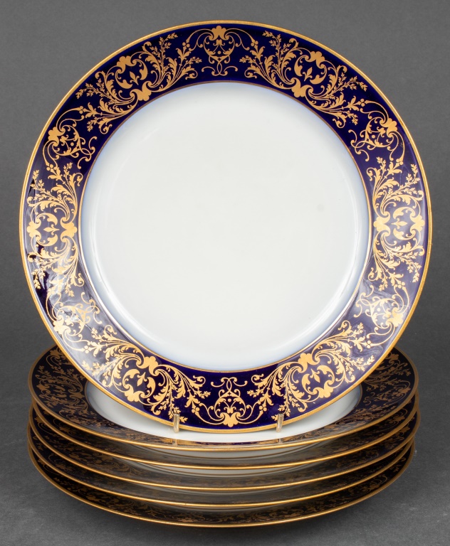 S?VRES STYLE PAINTED DINNER PLATES,