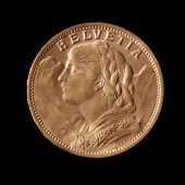 SWITZERLAND, 1927B GOLD 20 FRA
