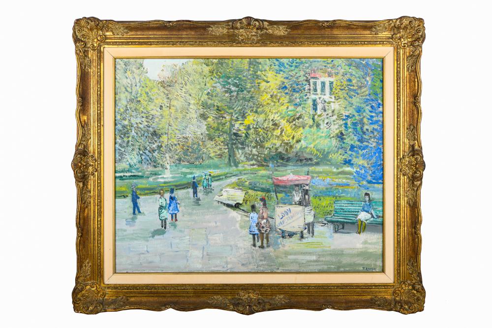 TADEUSZ ROMAN: "BUSY PARK SCENE"oil