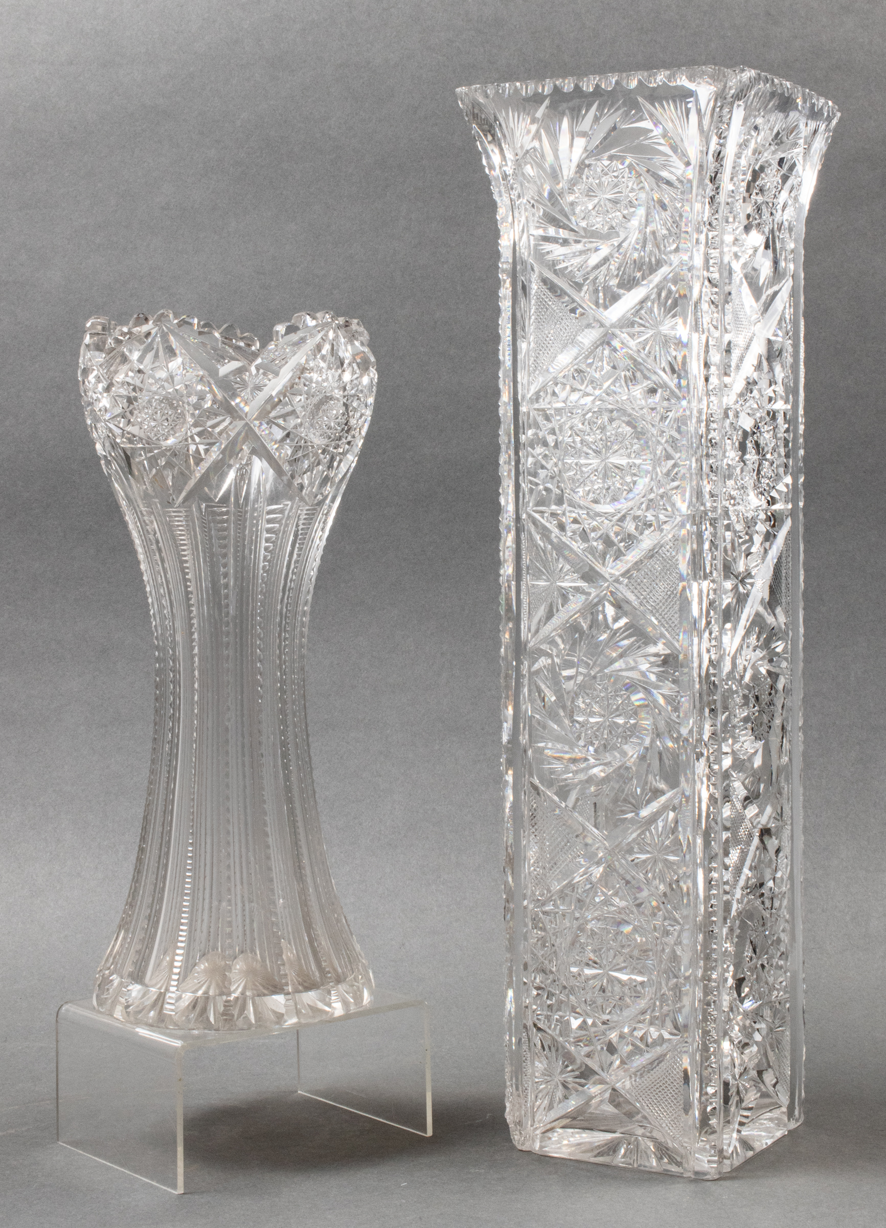 TALL CUT CRYSTAL VASES, 2 Two cut