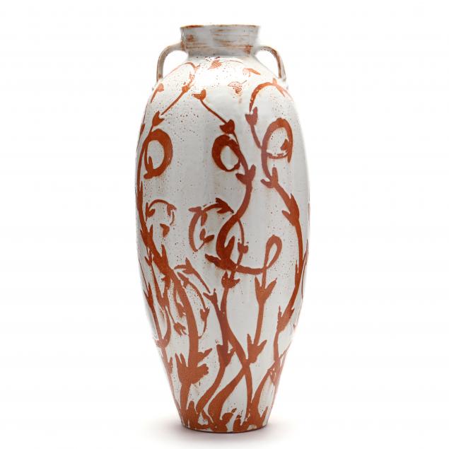 TALL DOUBLE HANDLED VASE, SIGNED
