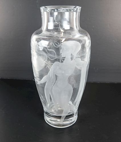 TALL FROSTED, ETCHED VASE W/