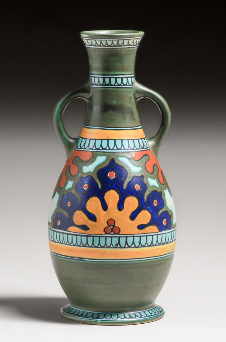 TALL GOUDA POTTERY TWO-HANDLED VASE