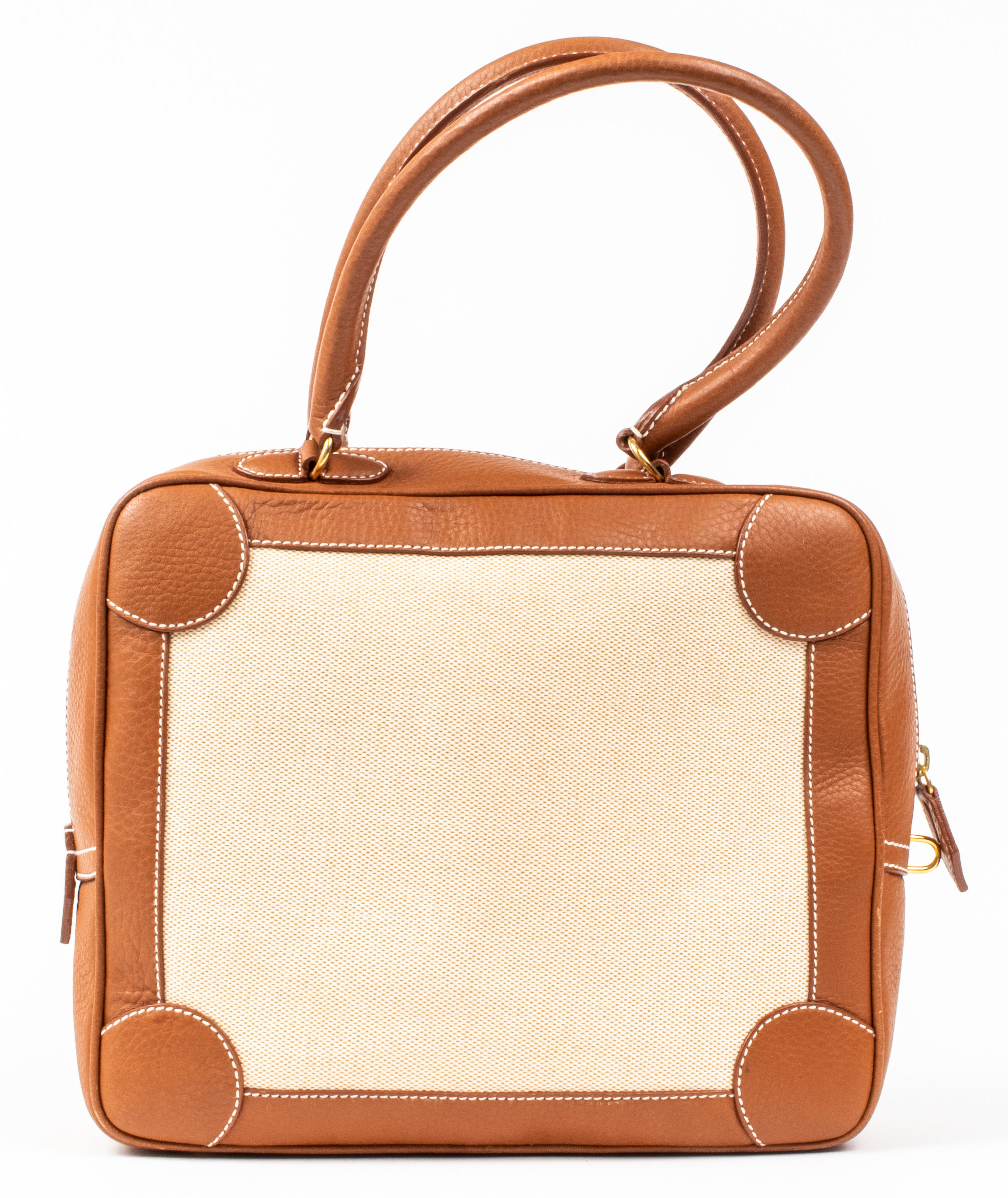 TAN LEATHER AND CANVAS 28CM HANDBAG
