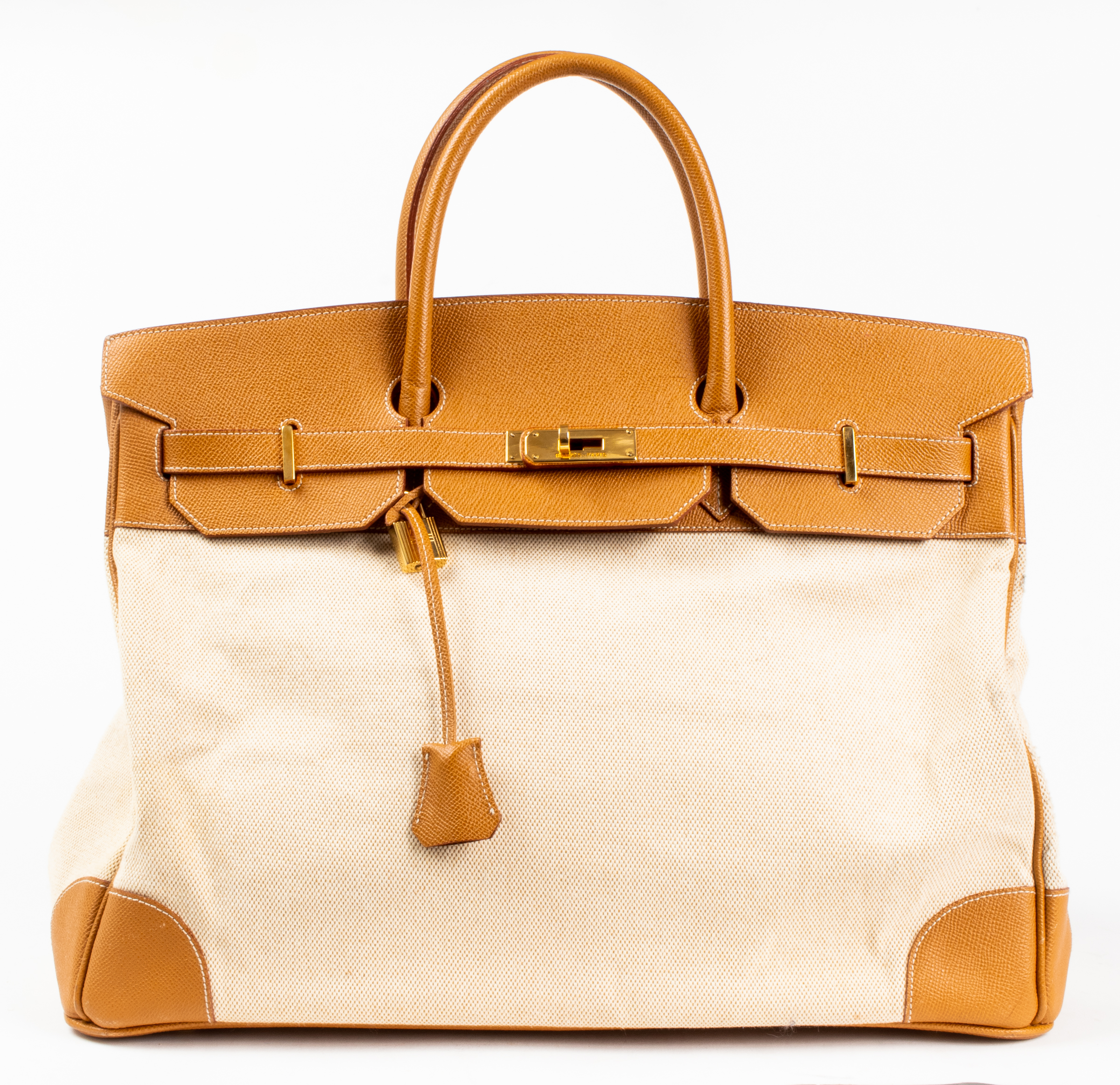 TAN LEATHER AND CANVAS 40CM HANDBAG