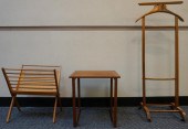 TEAK COSTUMER, SIDE TABLE, AND