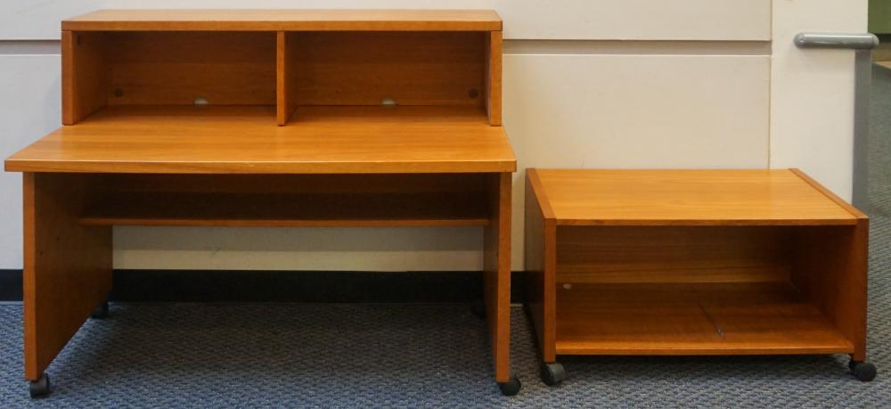 TEAK DESK WITH HUTCH ON CASTERS AND