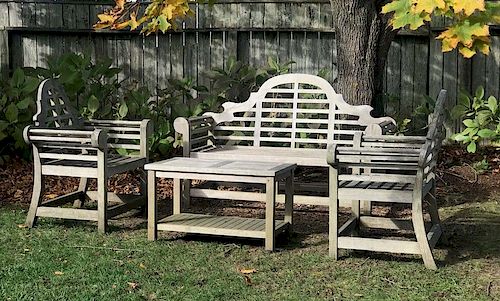 TEAK WOOD CAMELBACK SETTEE, TWO