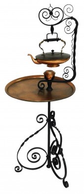 TEAPOT STAND, WROUGHT IRON FLO