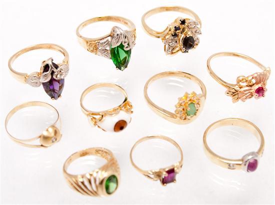 Ten 14K yellow gold and gemstone