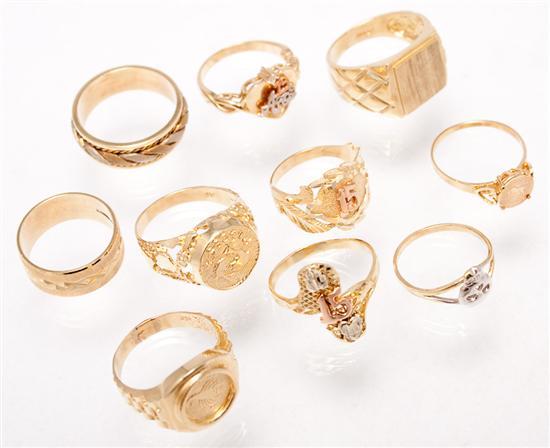 Ten 14K yellow gold rings 42 grams.