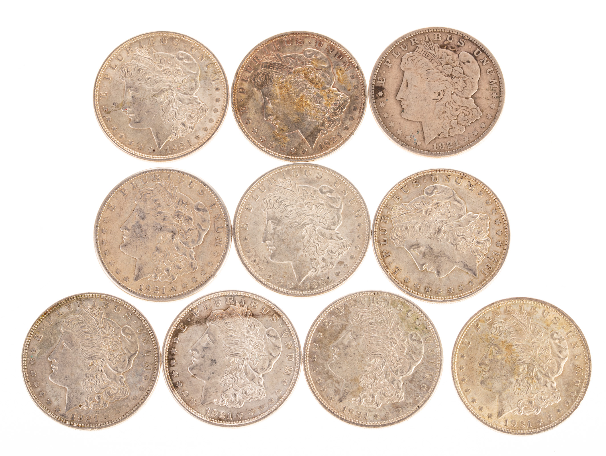 TEN 1921 MORGAN DOLLARS 1921 XF, XF