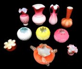 TEN ASSORTED SATIN GLASS VESSE