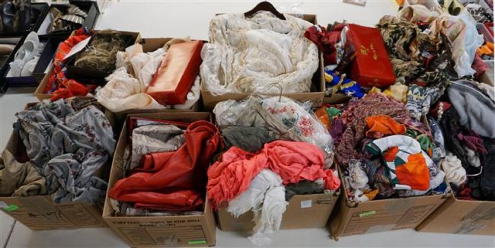 TEN BOXES WITH SCARVES, WIGS,
