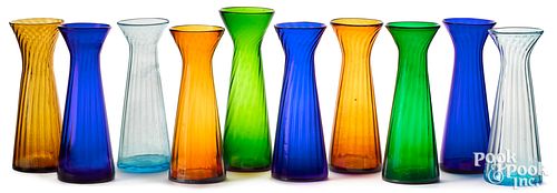 TEN COLORED GLASS HYACINTH VASESTen