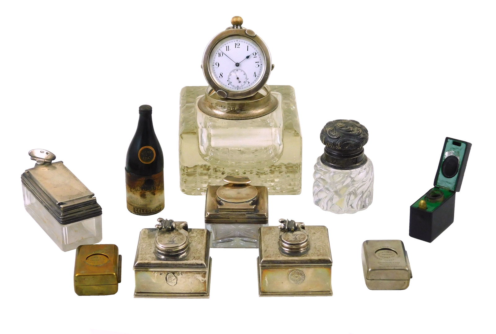 TEN DESK AND TRAVELING INKWELLS,