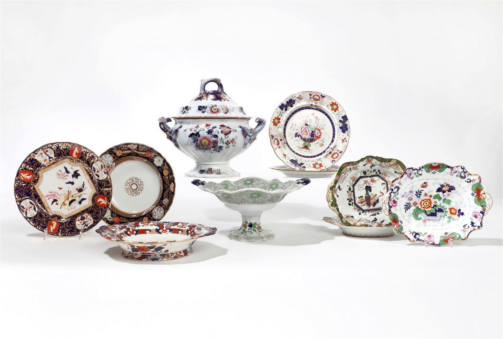 TEN ENGLISH DECORATED IRONSTONE