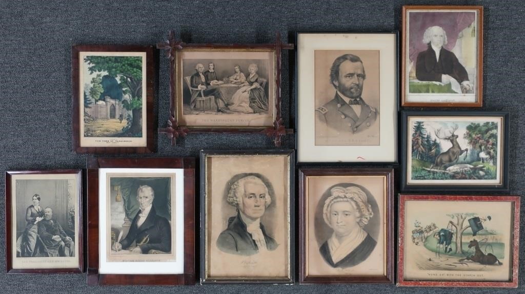Ten framed prints of presidents and