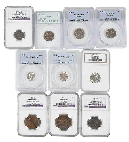 TEN GRADED U.S. COINS1853 half