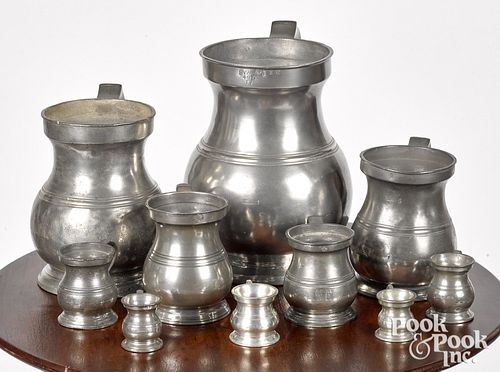 TEN GRADUATED PEWTER MEASURES, 19TH