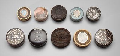 Ten lidded dresser boxes: one
