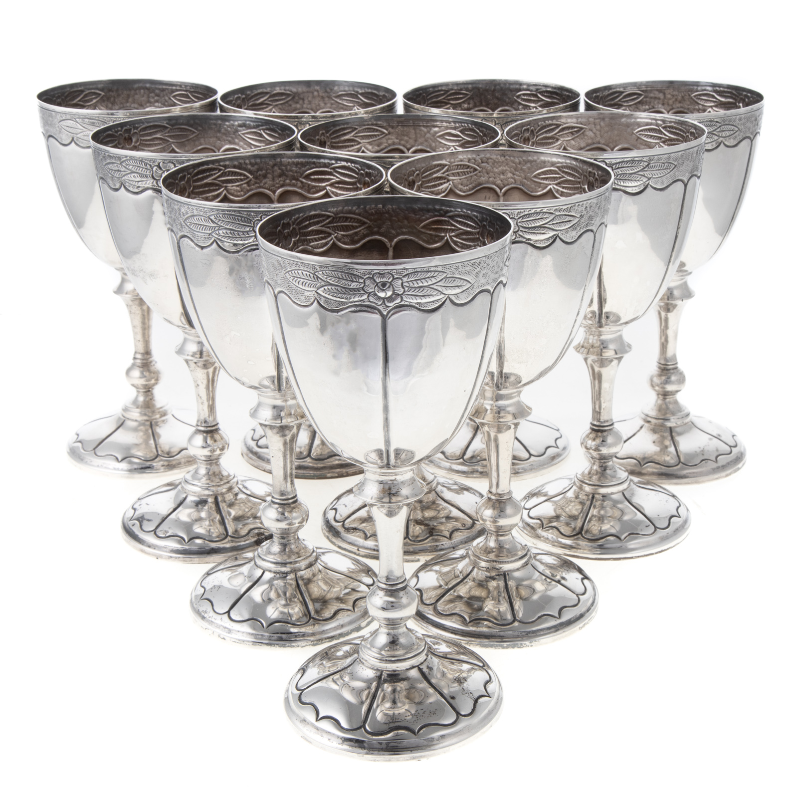 TEN MEXICAN STERLING GOBLETS BY