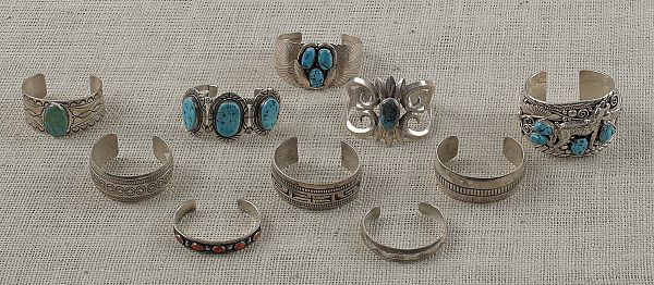 Ten Navajo silver and turquoise