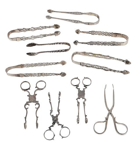 TEN PAIRS ENGLISH SILVER TONGSsix