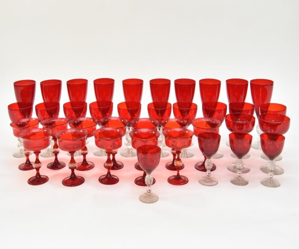 Ten red Morgantown Glass goblets;