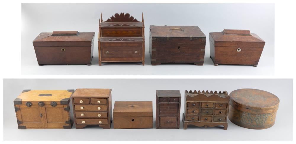 TEN WOODEN BOXES 19TH AND EARLY