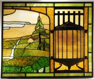 Antique Arts & Crafts Stained Glass Landscape Window