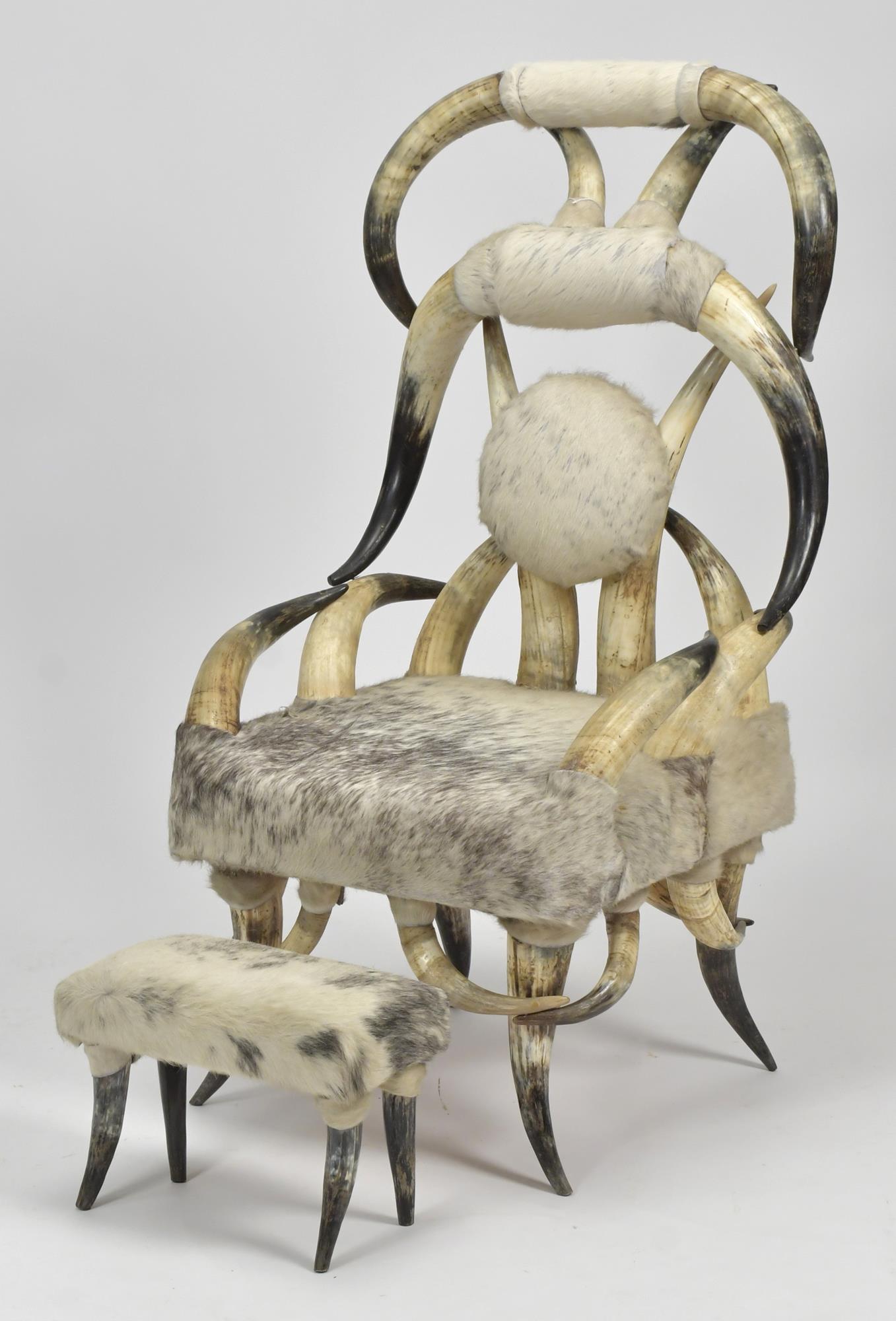 TEXAS HORN CHAIR AND STOOL. 20th C.