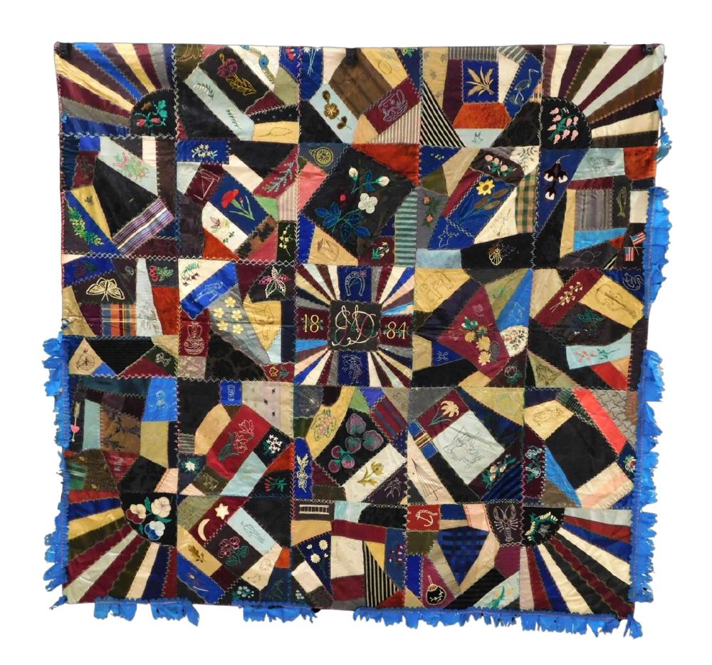 TEXTILE: CRAZY QUILT, DATED 1884,