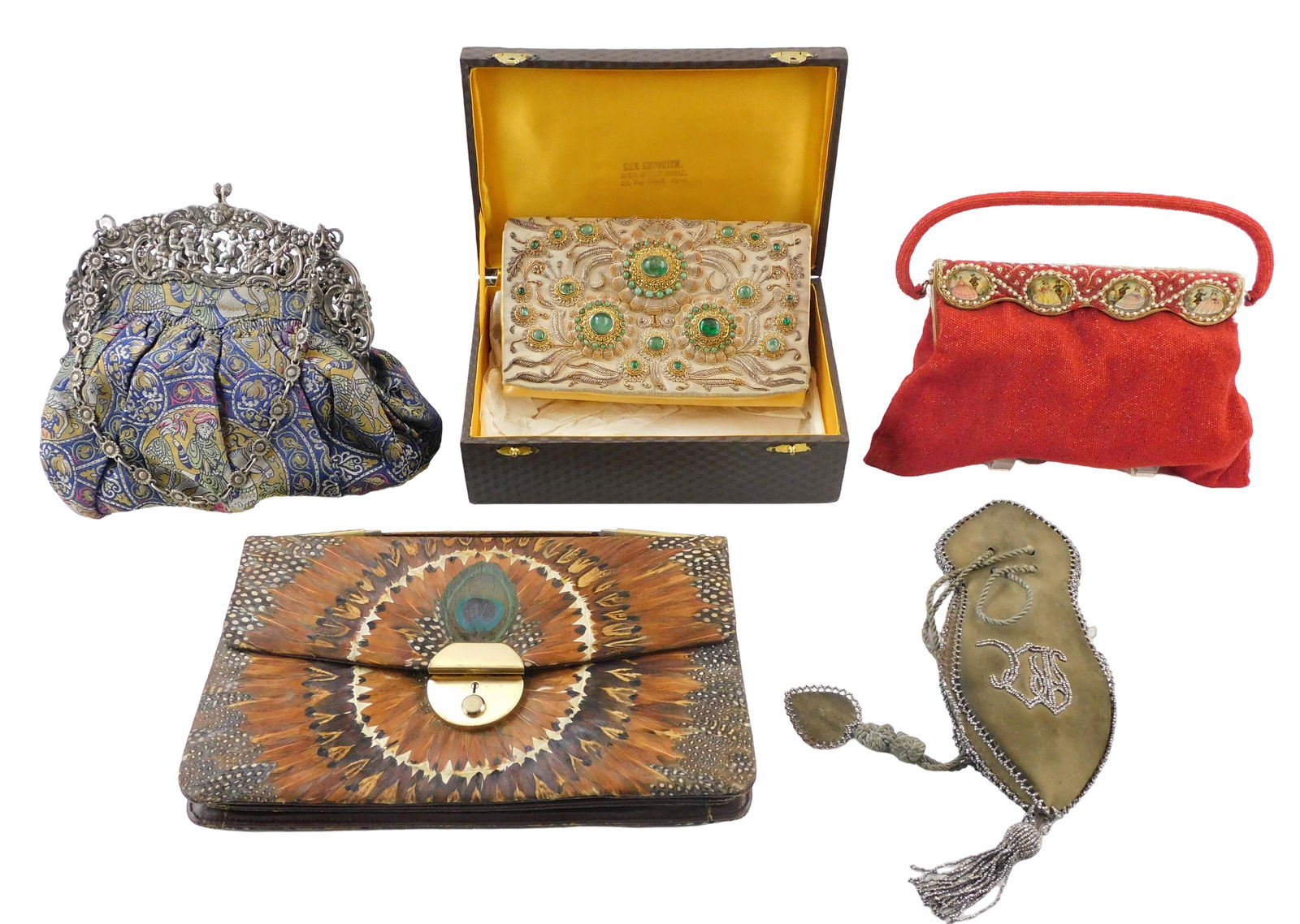 TEXTILES: FIVE ASSORTED PURSES,