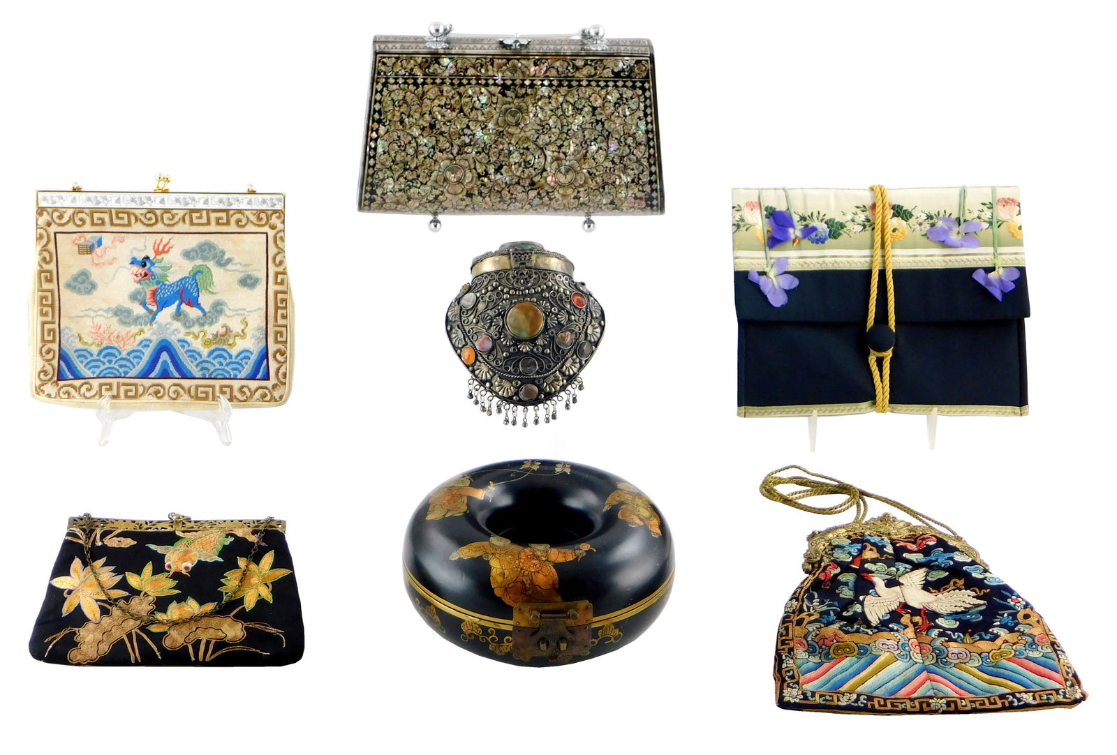 TEXTILES: SEVEN ASIAN-STYLE PURSES,
