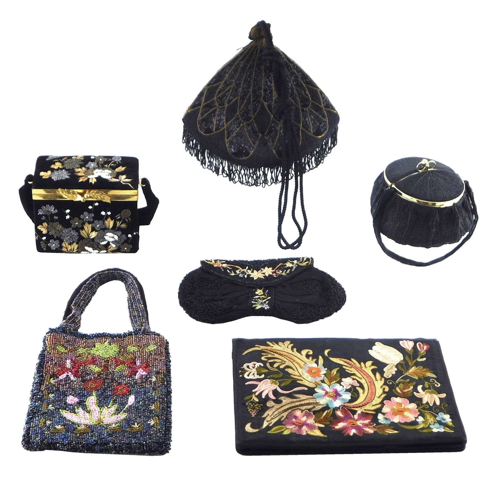 TEXTILES: SIX BLACK SEED BEADED AND