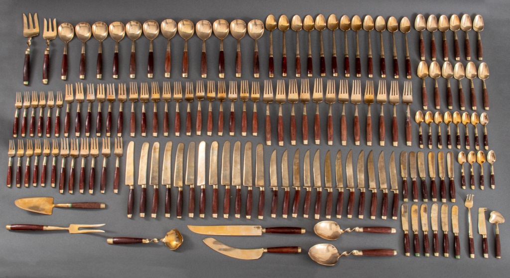 THAI BRASS & WOOD FLATWARE, SET FOR