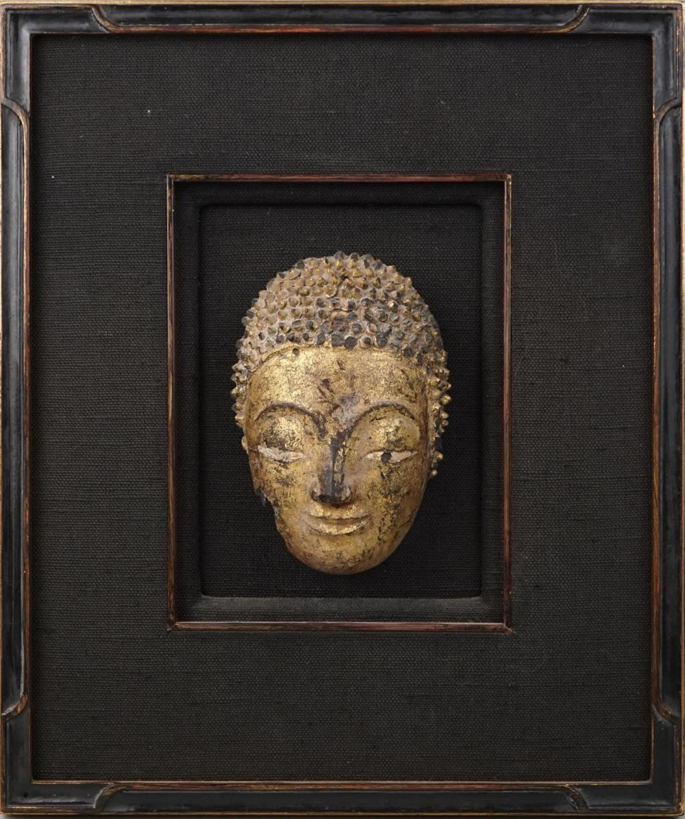 THAI CARVED GILTWOOD MASK OF