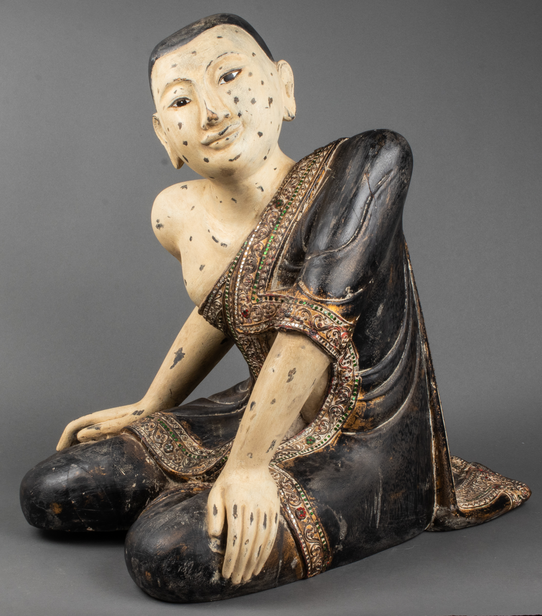THAI CARVED WOOD KNEELING FIGURE