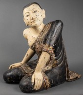 THAI CARVED WOOD KNEELING FIGU
