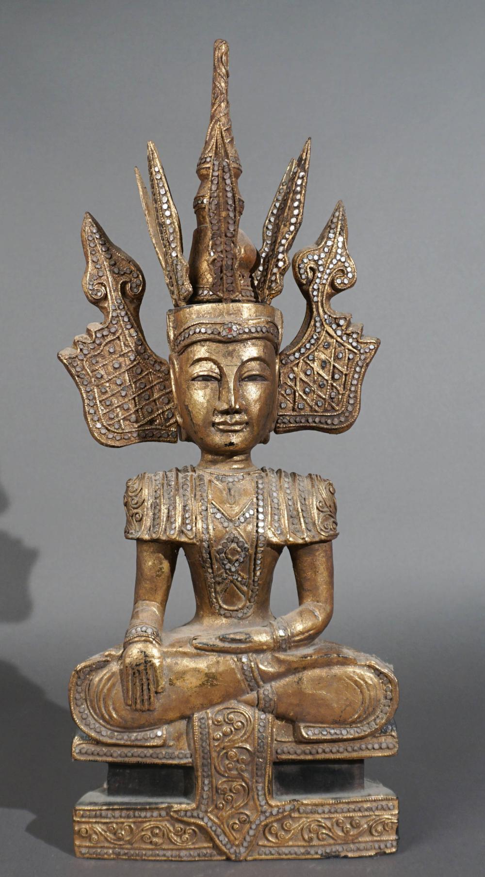 THAI JEWELED AND GILT WOOD SEATED
