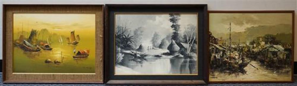 THAI VILLAGE SCENES, THREE ACRYLICS