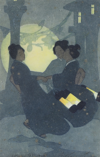 "The Full Moon" colored woodcut