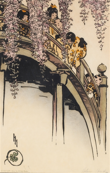 "The Moon Bridge" colored woodcut