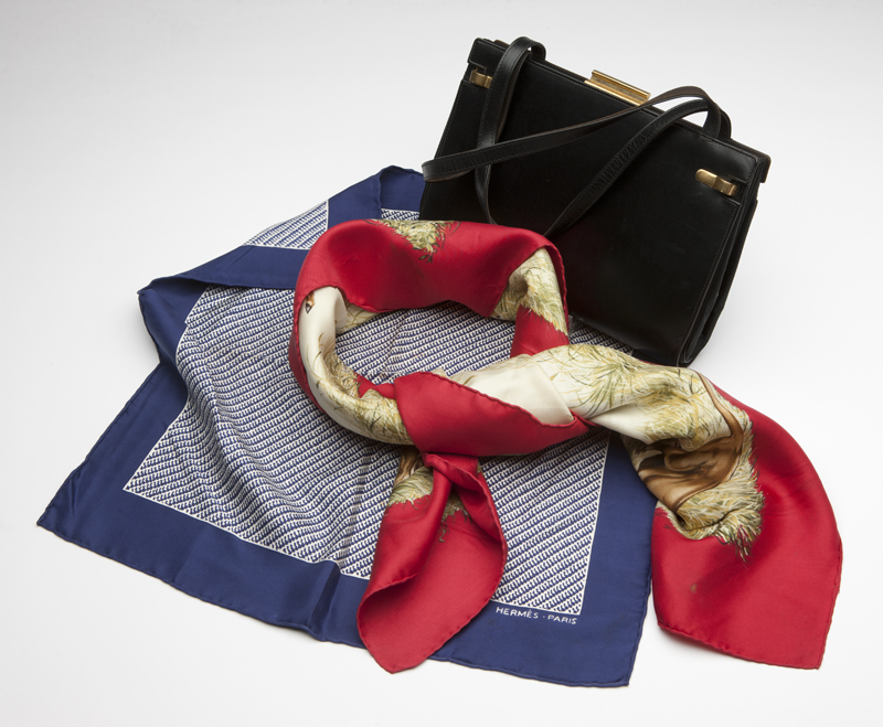 The scarves: each with Hermes label