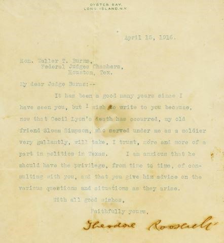 THEODORE ROOSEVELT SIGNED 1916
