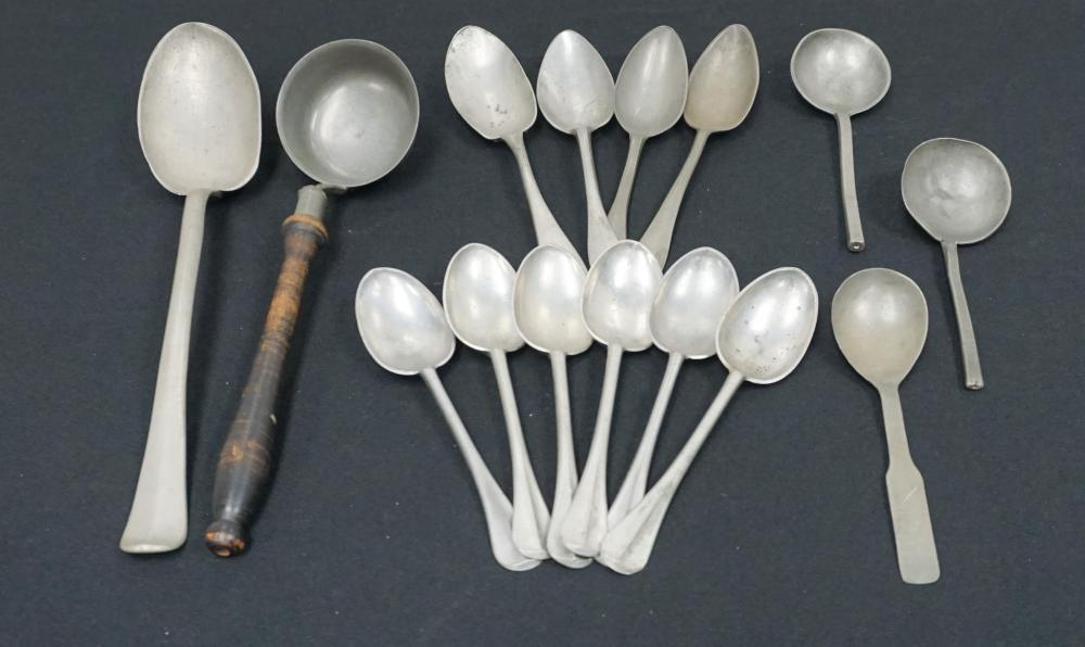 THIRTEEN ANTIQUE PEWTER SPOONS,