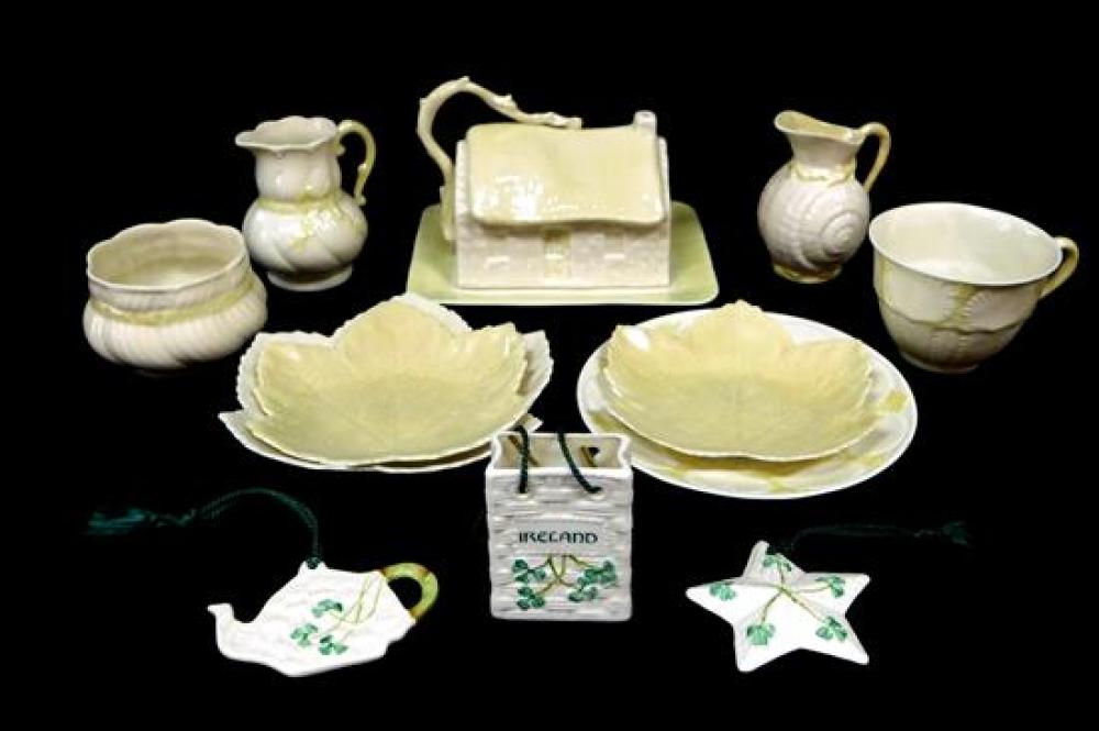 THIRTEEN ASSORTED BELLEEK PIECES,