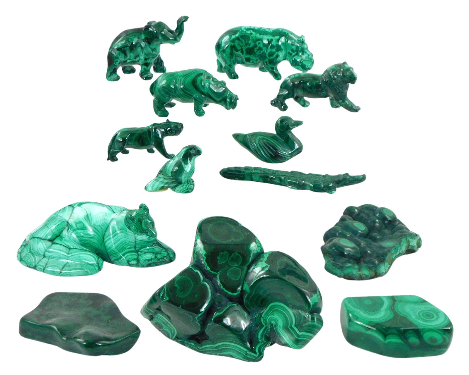THIRTEEN CARVED MALACHITE ANIMALS